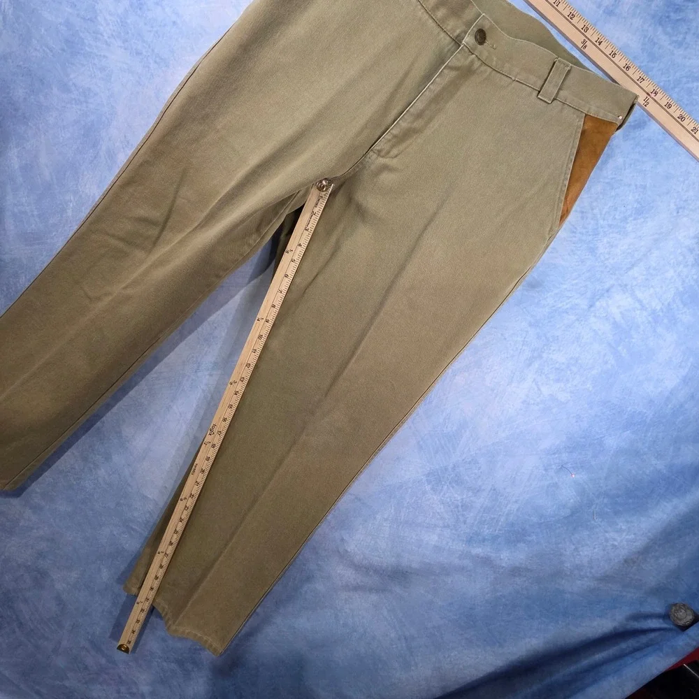 Orvis Mens Khaki Cotton Twill Pants Leather Trim Sporting Traditions Size 36x29